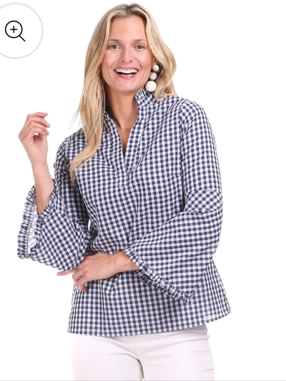 DUFFIELD LANE ONEKAMA TOP Blue And White Bell Sleeves 100% Cotton Sz S
